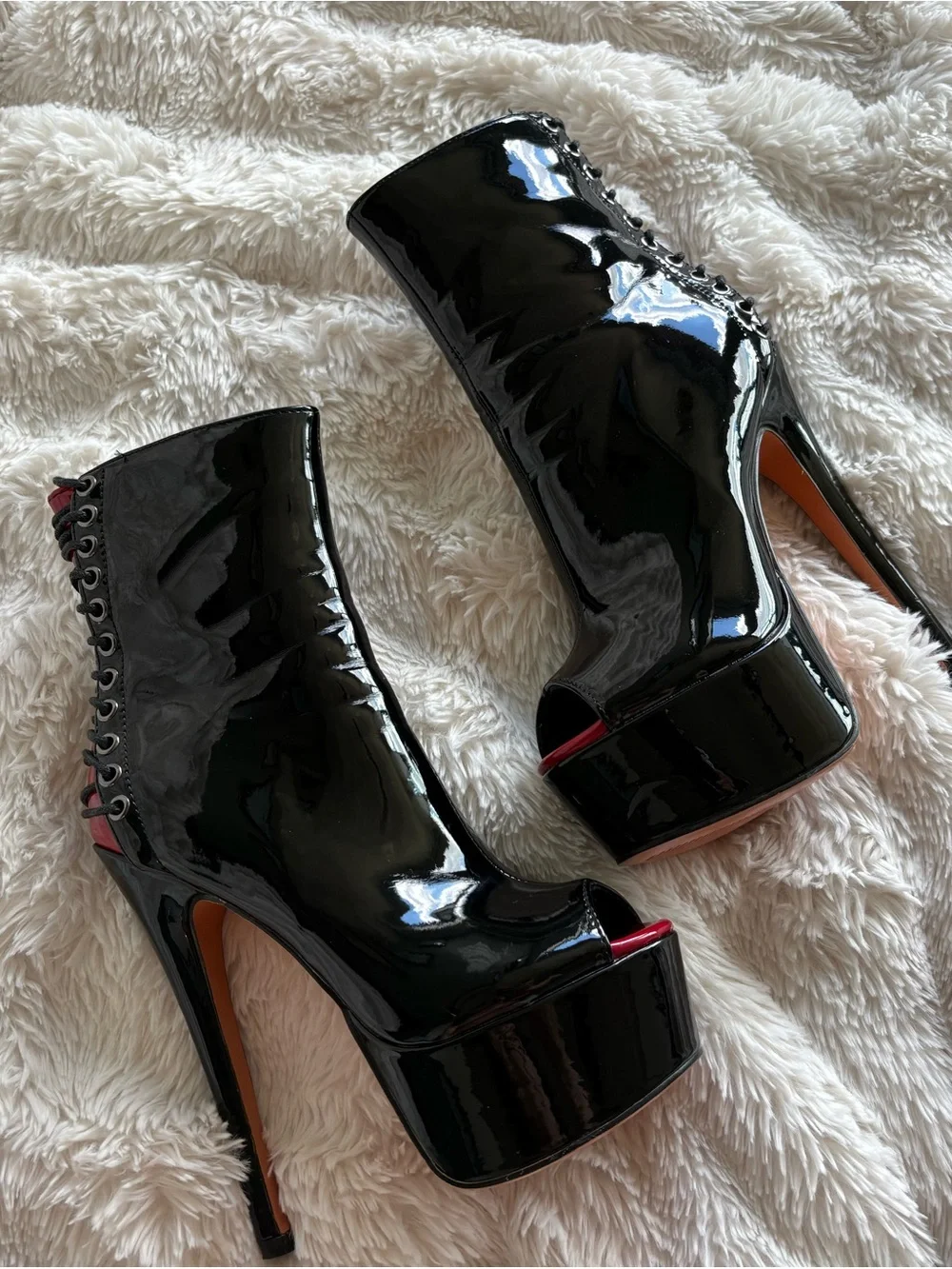 Black Patent Peep-Toe Platform Booties with Red Accent